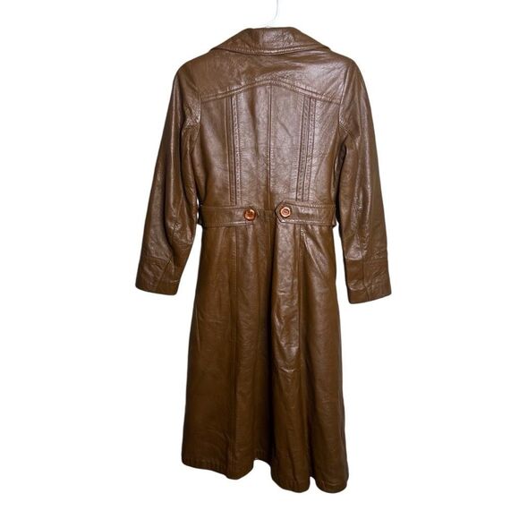 Vintage 70s Leather Wet Look Light Brown Trench Coat Womens - Picture 4 of 8